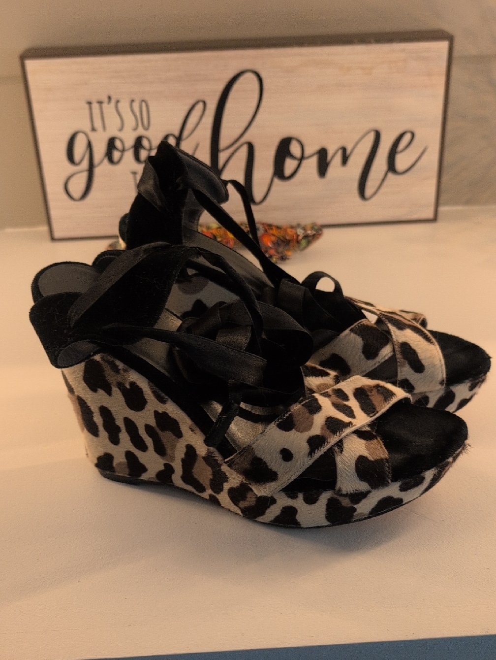 Stuart Weitzman X Theodora & Callum Leopard Print Wedge Sandals W/ Black Straps